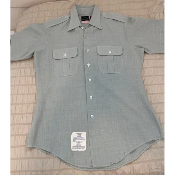 Vintage Men's FLYING CROSS Uniform Shirt - Green Short Sleeve Size Small 10 1/2 - Picture 4 of 11